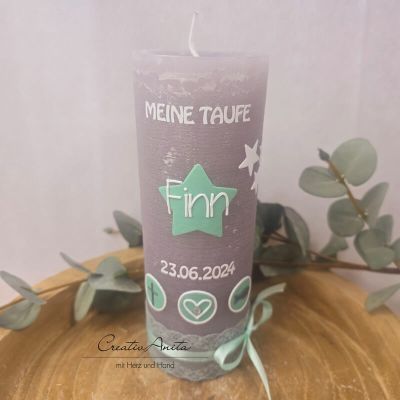 Taufkerze Rustik- Sterne grau-mint